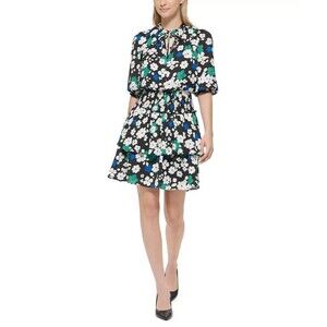KARL LAGERFELD PARIS Women's Floral Printed Tiered A-Line Dress Black Multi 14